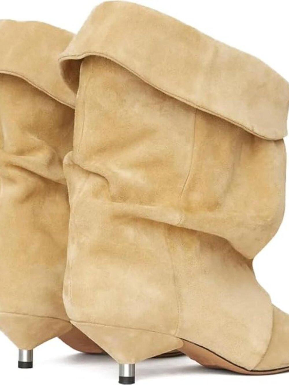 Women's Beige Suede Pointed Toe Slouchy Fold Over Casual Kitten Heel Ankle Boots